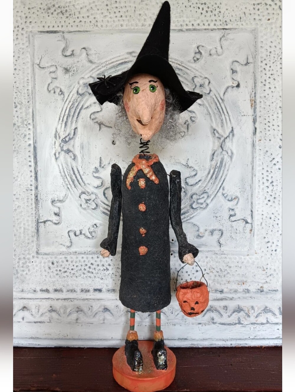 Signed Monnie Wilson Large 17" Paper Mache Witch Halloween Folk Art